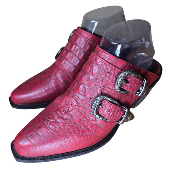 Matisse Bloke Red Leather Western Heeled Mules Buckles Alligator Embossed Sz 8 - Picture 5 of 12